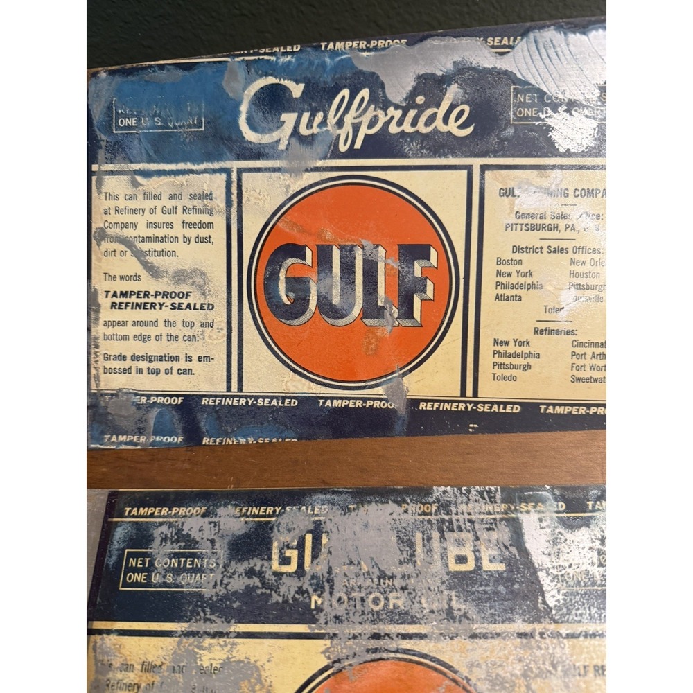 Vintage Gulf Gulfpride Motor Oil Flat Can Panels Lot Gas Oil Advertising Auto